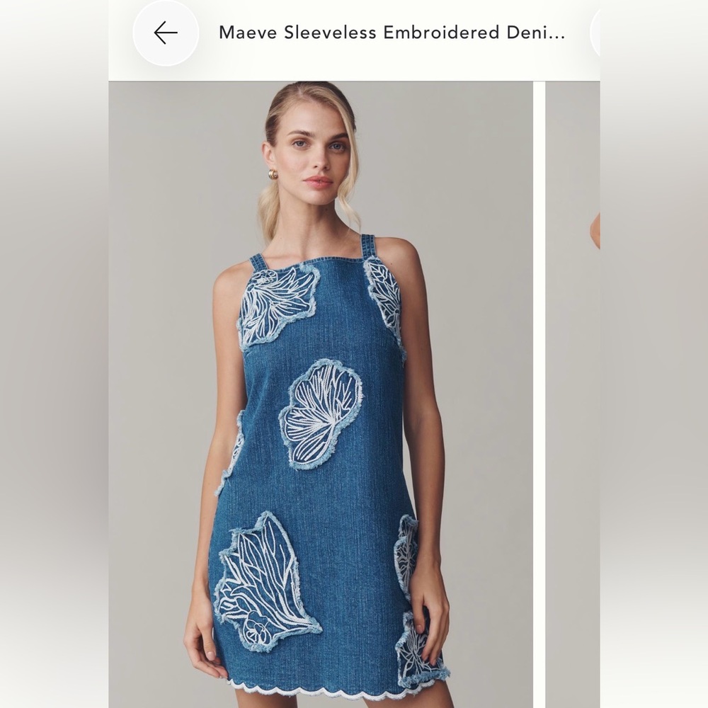 Maeve Blue Denim Mini Dress with White Embroidered Appliqués